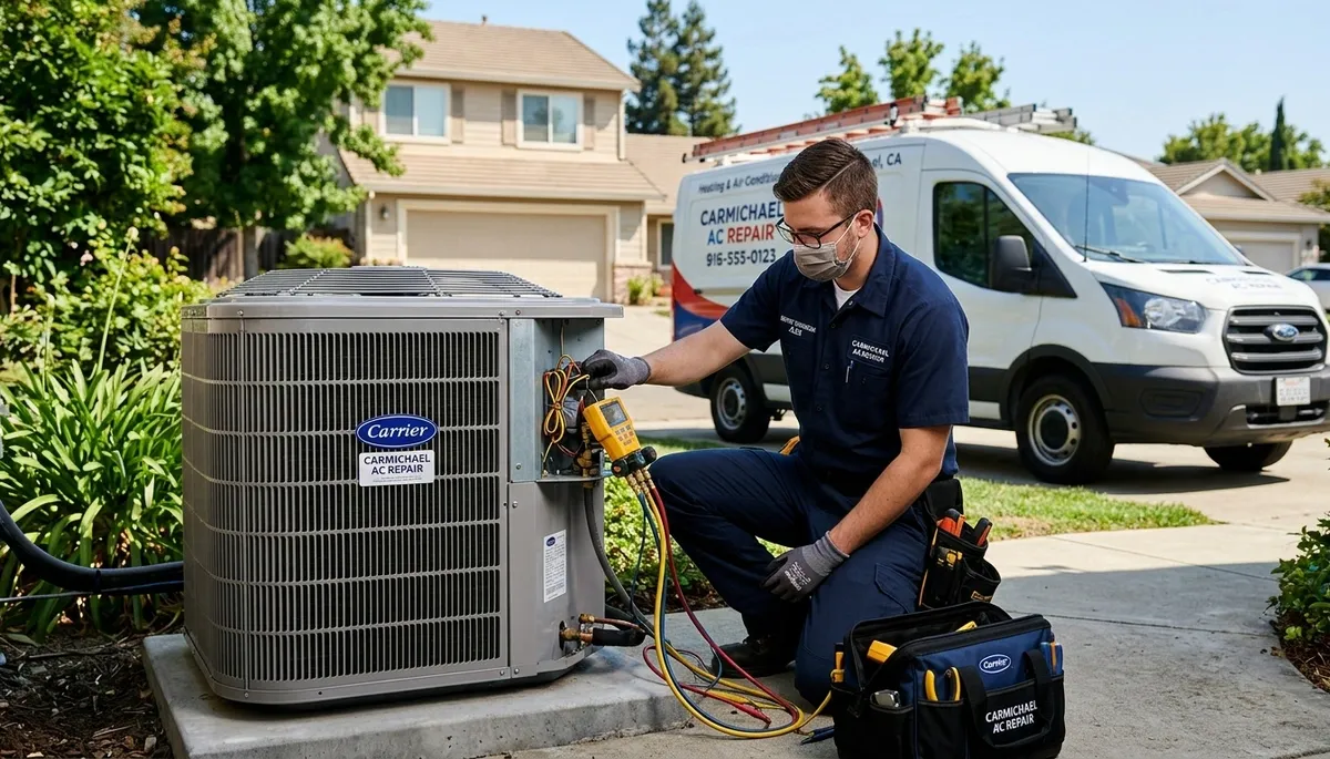 Professional AC repair technician servicing air conditioner unit in Sacramento, CA