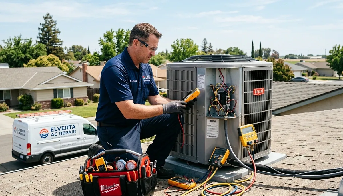 Professional AC repair technician servicing air conditioner in Sacramento, CA home