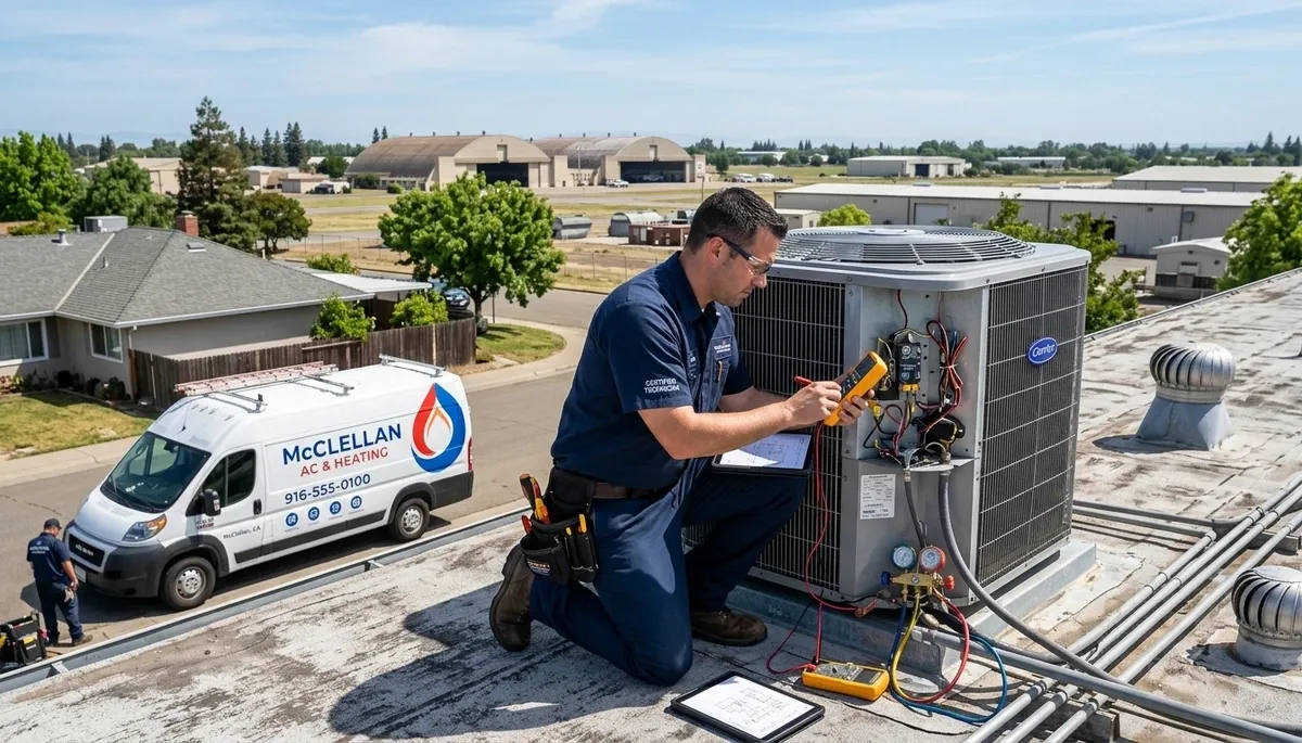 Professional AC repair technician servicing air conditioner in Sacramento, CA
